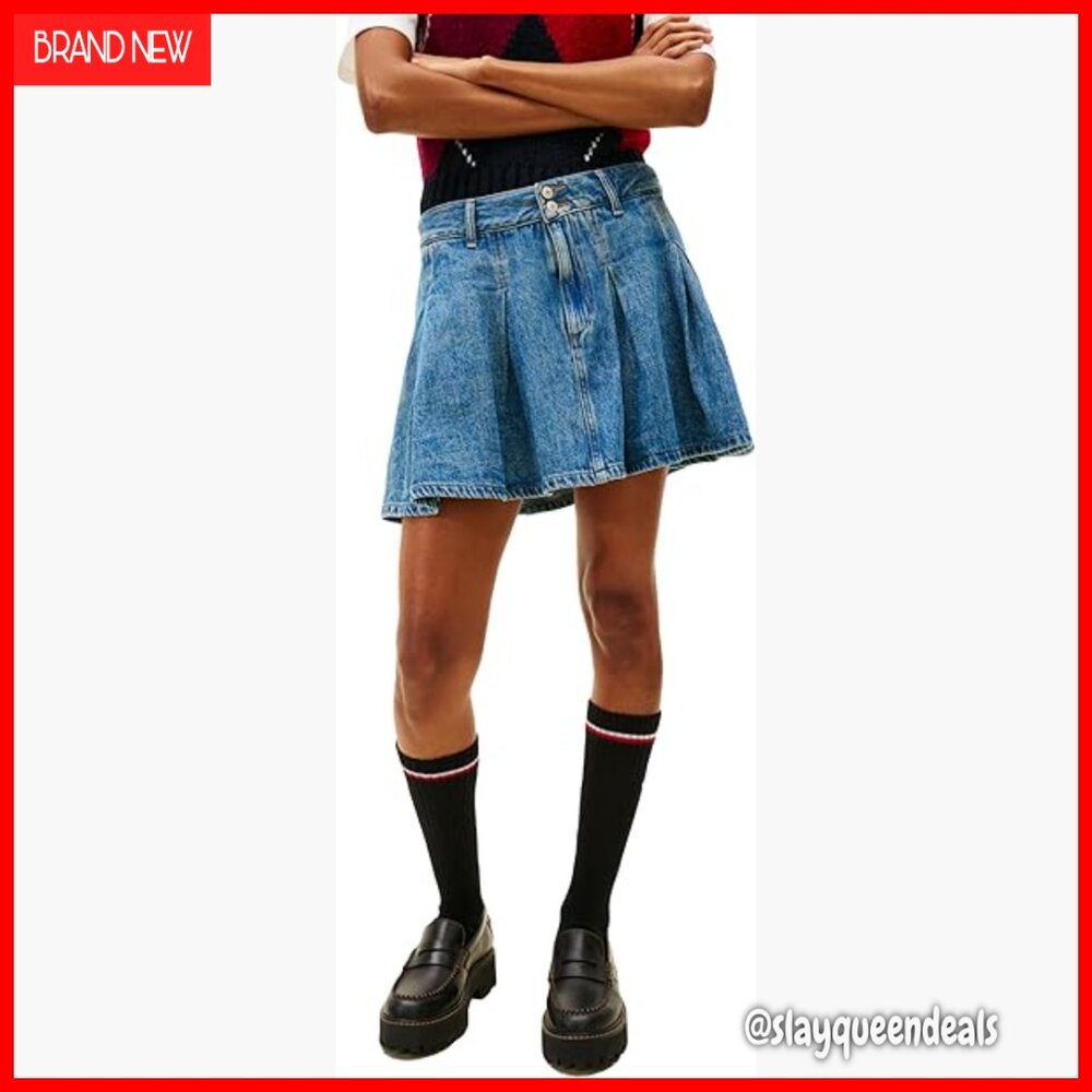 Pleated Denim Mini Skirt High Rise Cotton Work Casual Everyday Wear